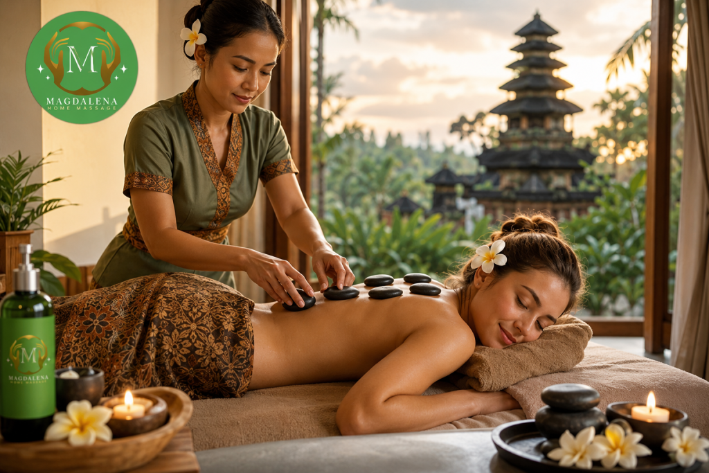 Hot Stone Massage Bali therapist performing a relaxing hot stone treatment for a guest at a private villa with professional Bali Home Massage service.