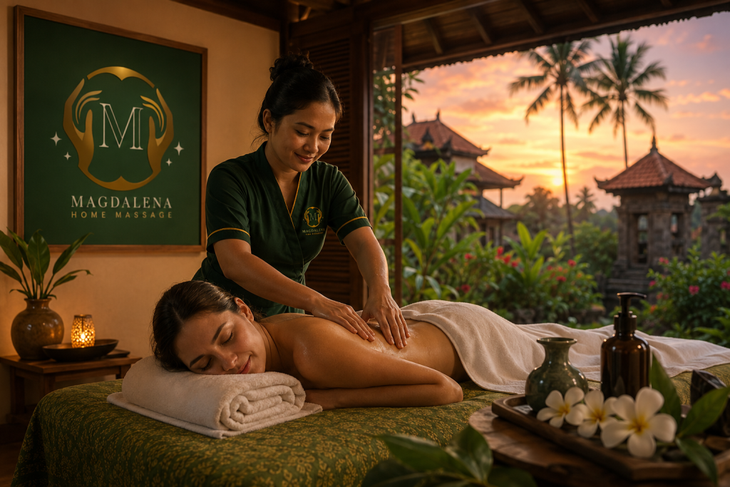 Professional Swedish Massage Bali service provided by an experienced therapist in a luxury tropical villa, featuring the Magdalena Home Massage logo and a relaxing Bali atmosphere.