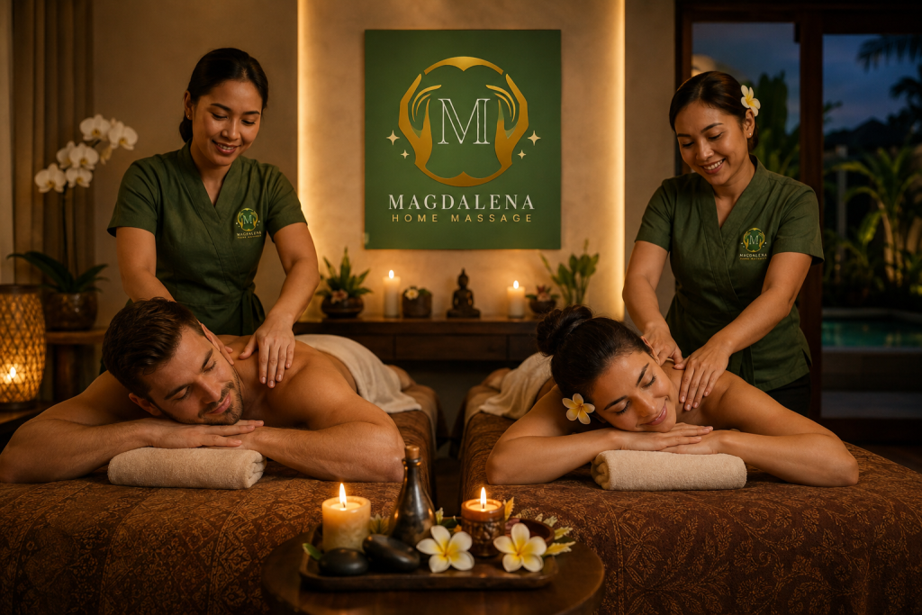 Couple Mobile Massage Bali with professional therapists providing a relaxing Home Massage Bali experience in a luxury private villa featuring the Magdalena Home Massage logo.
