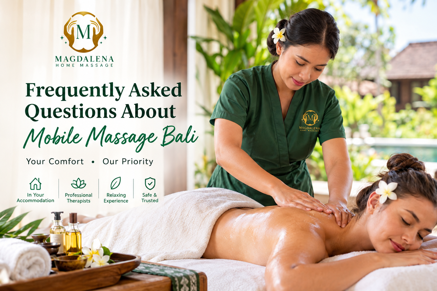 Frequently Asked Questions About Mobile Massage Bali featuring a professional therapist providing an in room massage at a tropical Bali villa