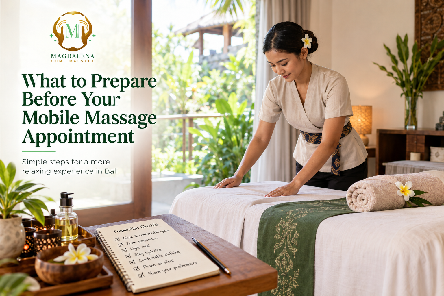 Prepare Before Your Mobile Massage with a professional therapist setting up a relaxing in room massage experience in Bali