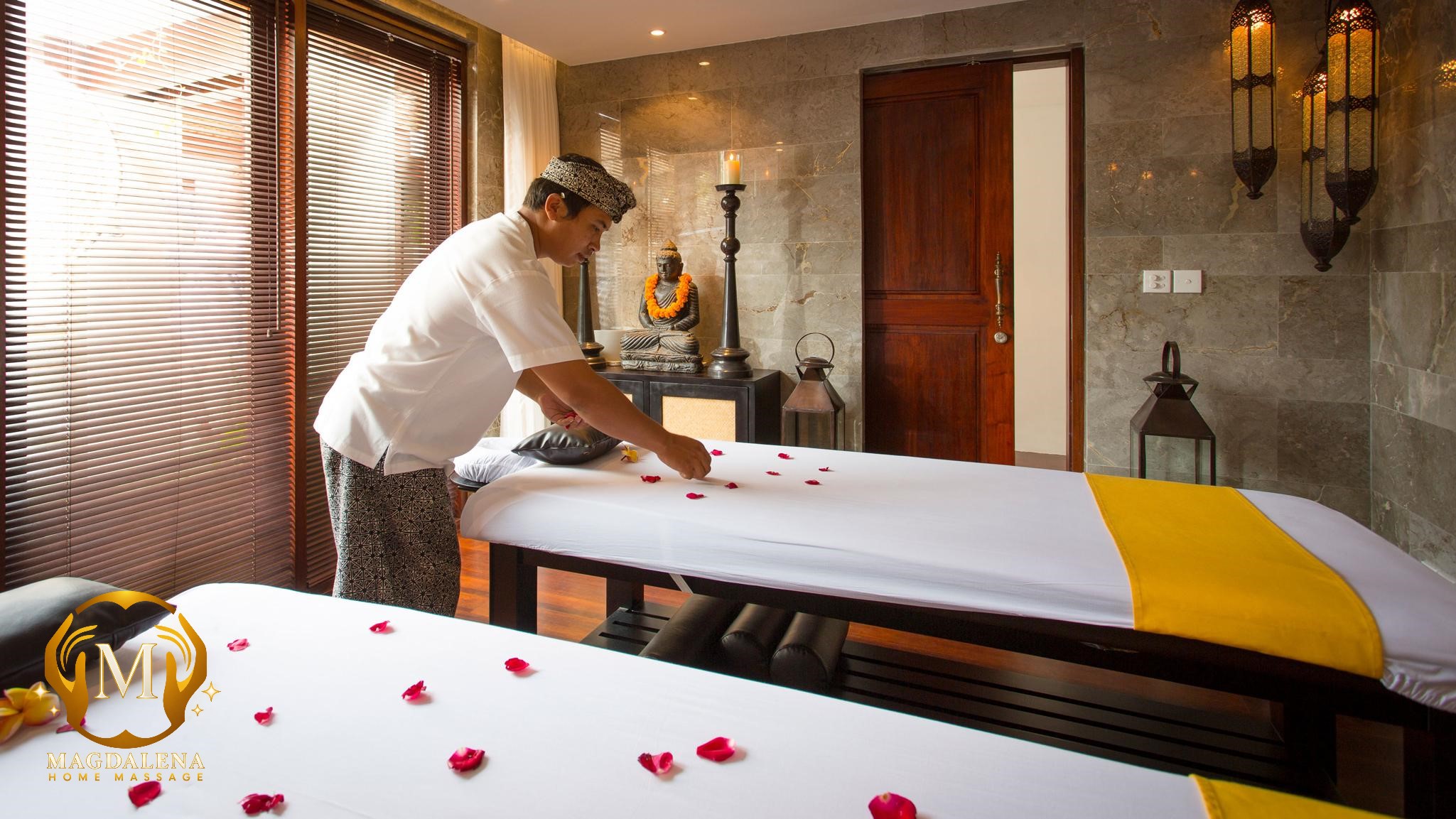 Couples private relaxation with a professional mobile massage therapist at a private villa in Bali.